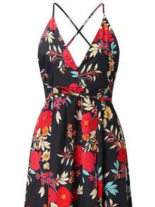 Vestido con abertura alta y estampado floral, estilo vacacional para mujer - Negro - Ver 7