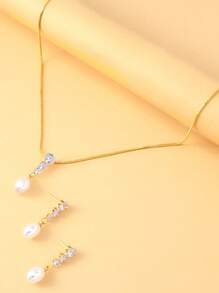 1 Set Gold Metal Thin Chain Diamond-Studded Pearl Necklace And Earring Set, Suitable For Party, Event And Daily Accessories