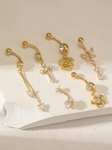 Juego de 6 piezas de anillos de ombligo de acero inoxidable chapados en oro con diseños brillantes de corazón, flor, lazo y cruz, adecuado para mujeres, regalo de cumpleaños, uso diario, fiesta en la playa - Amarillo Oro - Ver 2