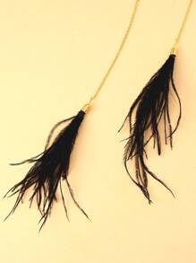 1pc Black Beaded Face Chain With Black Feather Tassel And Nose Bridge, Gold-Color