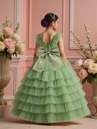 Vestido formal largo con cuello en V, malla y lazo de satén en la espalda para niña preadolescente, elegante y lujoso, adecuado para fiestas, sin diadema