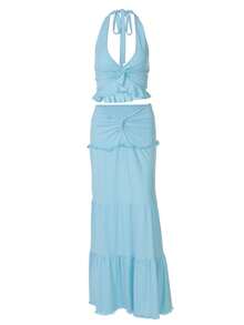 Women Casual Ruched Ruffled Slim Halter Crop Top&Skirt Spring Summer Party Vacation Night Out 2 Pieces Sets - Blue - View 4