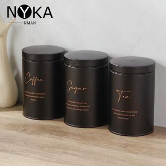 NYKAINMAN 3 st svart vintage metall kaffe socker te burk set multifunktionell förseglad köksbehållare kombination utsökt matförvaringsburk med bambulock matkonservering för kök, jul, påsk, lärardag, julafton, alla hjärtans dag