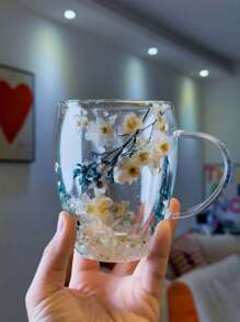 1 Double-Layer Glass Coffee Cup With Dried Flowers, Insulated And Heat-Resistant Water Cup, Suitable For Hot And Cold Drinks, Perfect For Cold Drinks, Sparkling Water, Fruit Tea, Juice And Latte Coffee - Suitable For Weddings, Parties, Bridal Showers, Birthday Gifts, Etc Back To School