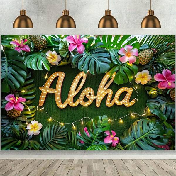 1pc Vibrant Green Grass Leaves Pineapple Floral Backdrop - Multipurpose Photography Background For Shower Party Decoration, Hawaiian Tropical Style Photo Booth, And Home Decor - Durable Polyester Material, Universal Fit, And Easy To Use