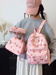 3 Pcs Fashionable Preppy Strawberry Print Backpack Set,Backpack&Lunch Bag&Pencil Case,With Laptop Compartment Bookbag,Adjustable Strap Bookbag Set,Multi Pockets High-Capacity School Bag Set Multifunctional Daypack Set Idea For Girls/Teens/College Students/Graduate/Graduate For Daily Use/Vacation/Travel/Back To School