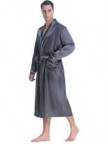 Lavenderi Mens Silky Satin Lounge Robe, Long Lightweight Sleepwear - Xám - Xem 3