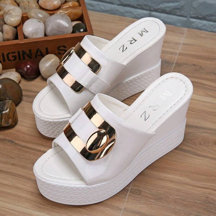 Sandalias de cuña con suela gruesa, de unicolor y boca de pez para mujer, ideales para usar en exteriores en verano - Blanco - Ver 1