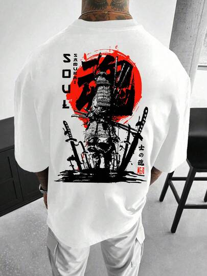 Plus Size Men's Casual Loose Short Sleeve T-Shirt, Creative Tokyo Warrior Graphic Print, Breathable Crew Neck - Daily Wear, Short Sleeve, Fashionable, Minimalist