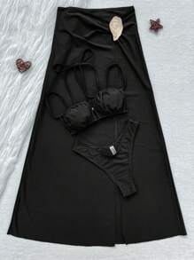 Women's Summer Beach Solid Color Ruched Sexy Bikini Set With Coverup And Skirt