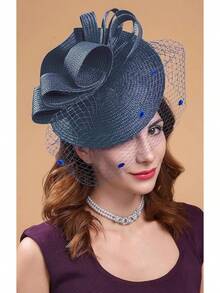 Derby Fascinators Women High Tea Party Hat Wedding Cocktail Flower Headware With Mesh And Feathers - Z-f0271-海軍藍 - 查看 2