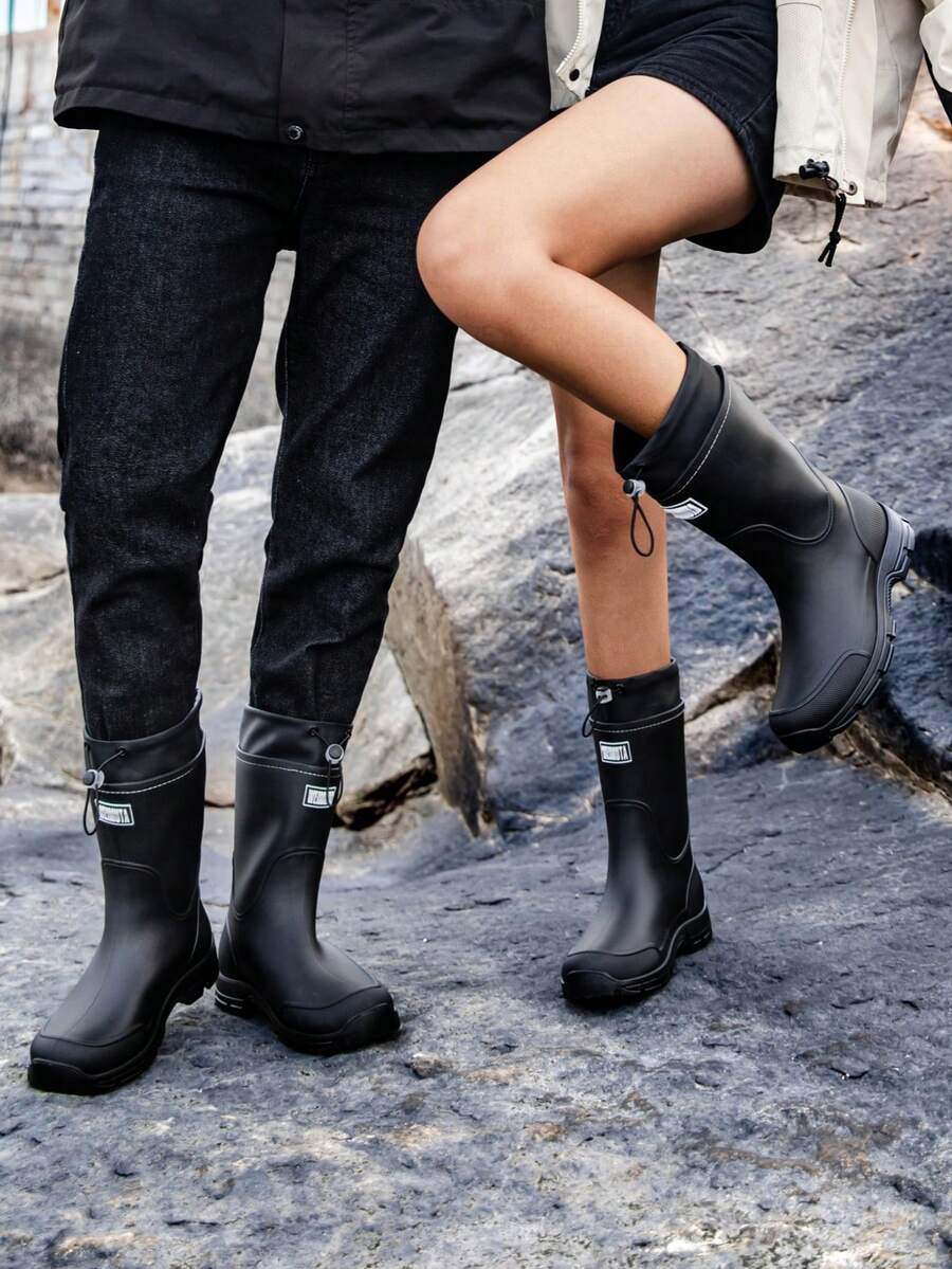 Couples Rain Boots, Women Mid-Calf Waterproof Shoes, Men Rain Boots Anti-Slip Water Shoes, Thick Sole Kitchen Fishing Rubber Boots, Elastic Ankle - Black - View 1