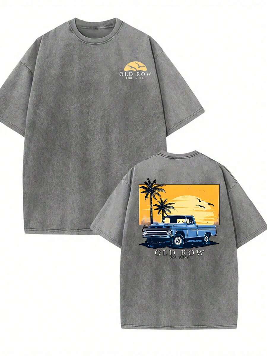 GLEC OLD ROW, A Must-Have For Summer Carnivals, Classic Retro Fashion Vintage Car, Seagull, Coconut Tree, Sunset, Popular Letter Pattern Print Premium 230g Washed Cotton T-Shirt, 100% Washed Pure Cotton, Retro Street Style, Versatile, Men's Summer High-Quality Printed Cotton Retro Fashion Brand Loose Soft Comfortable Casual Multi-Color T-Shirt, Unisex, Suitable For Spring And Summer Outdoor Wear, With A Certain Thickness, Suitable For Parties, Daily Wear And Outdoor, Friends' Gifts, Back-To-School Gifts, Vacation Essentials, New Year's Gifts, St. Patrick's Day Gifts, Spring Gifts. - Grey - View 1