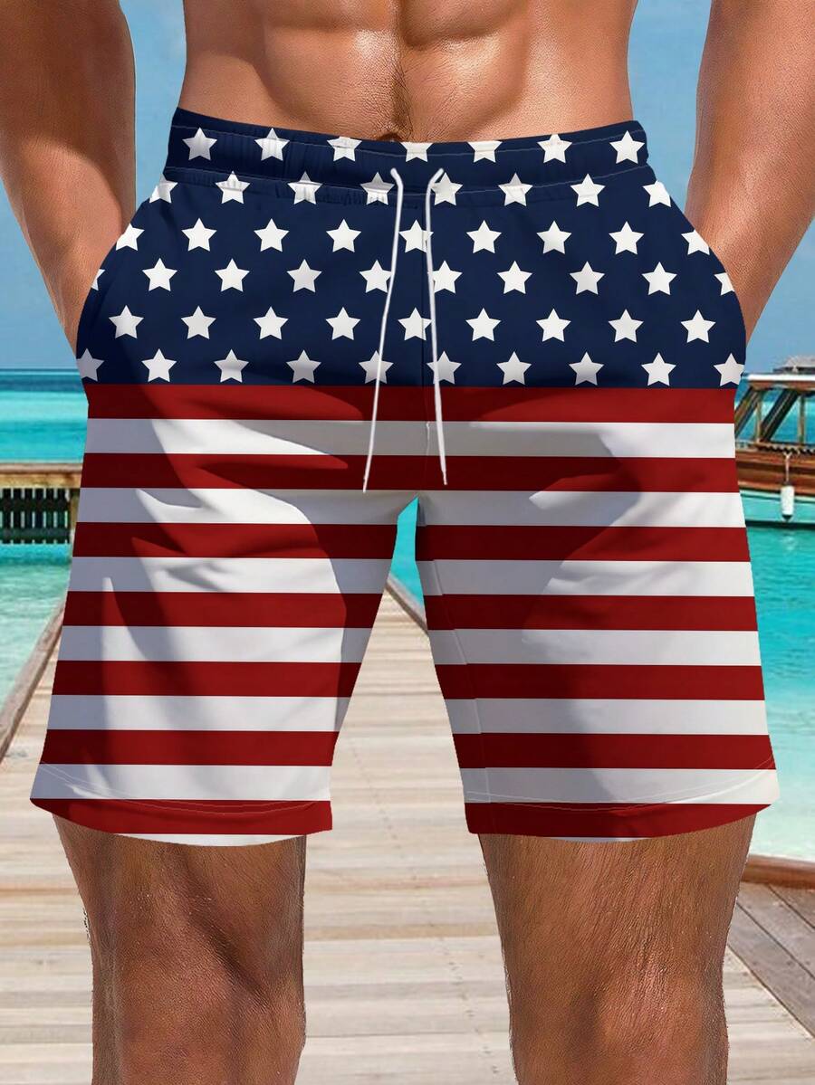 Shorts de playa de verano para hombres con estampado 3D de bandera de EE. UU. - Multicolor - Ver 1