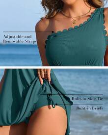 Ribbed One Shoulder Swim Dress With Tummy Control For Women - Light Green - View 4