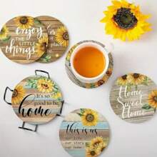 6-Piece Set, Retro Sunflower Inspired Wooden Coaster, Heat-Resistant, Non Slip, Washable, Suitable For Kitchen, Home And Restaurant Decoration, Halloween, Christmas Decoration