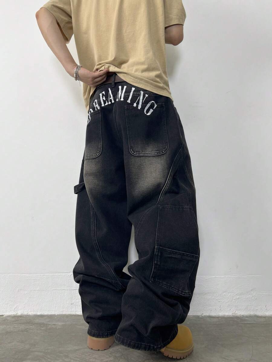 Hearty Haven 1件装复古美式高街刺绣拼接休闲男士宽松阔腿牛仔裤，做旧水洗，时尚百搭牛仔裤（不含腰带和配饰） - 黑色 - 查看 1