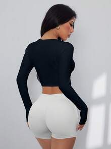 ATTRACO 性感黑色长袖上衣，深V领性感长袖上衣，女士瑜伽运动扭结前片设计健身背心休闲健身运动锻炼上衣带衬垫文胸春季款 - 黑色 - 查看 7