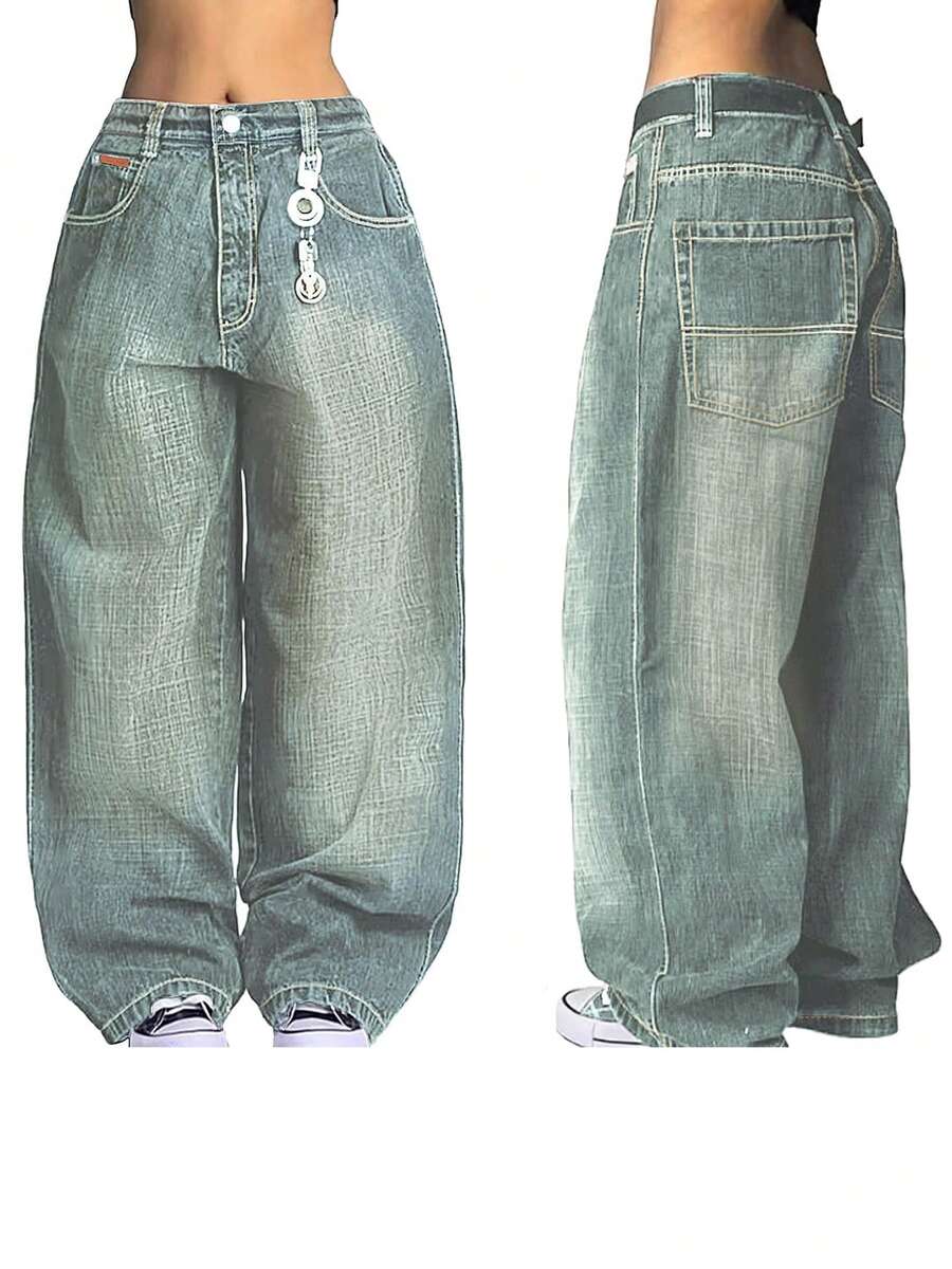 Women's Hip Hop Baggy Jeans Wide Leg Mid-Low Waist Jeans Loose Boyfriends Jeans 90s Vintage Denim Pants - 淺色水洗藍 - 查看 1