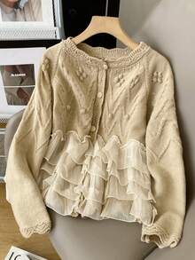 Women's Casual Raglan Sleeve Contrast Mesh Ruffle Hem Knit Cardigan, Suitable For Daily Wear And Back To School Season, Autumn/Winter - White - View 4