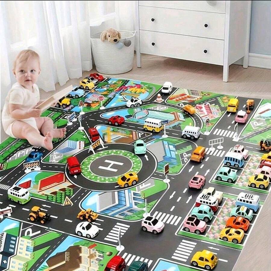 1 pezzo, Tappetino da gioco per traffico cittadino, grande tappeto da gioco in tessuto non tessuto, impermeabile e anti-umidità, stile moderno, mappa stradale interattiva per bambini che giocano con macchinine, decorazione per la stanza, strumento educativo, ritorno a scuola