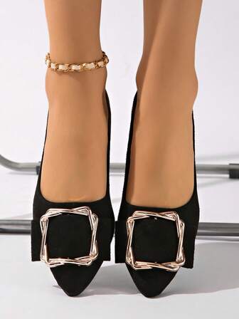 女士方形扣尖头平底鞋 - 轻便舒适，四季皆宜，优雅迷人，时尚闪亮水钻，经典款式