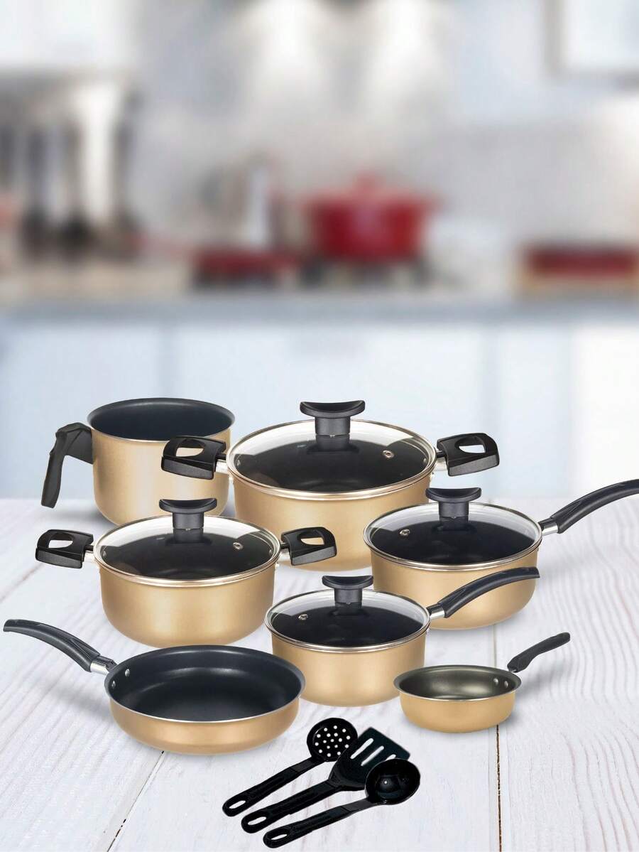 10 Piece Non-Stick Cookware Set With Glass Lid - Beis - Ver 1