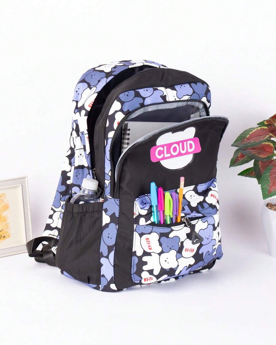 Fratello Shoe Store Fratello Mochila Escolar Ergonómica, Negro, Lila y Blanco, Diseño de Ositos 12672, 2 Compartimentos, Bolsas Laterales - Blanco y Negro - Ver 1