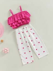 Toddler Girls Summer Outfit Sets Solid Color Layered Ruffle Camisole + Heart Print Pants - Rose Red - View 1