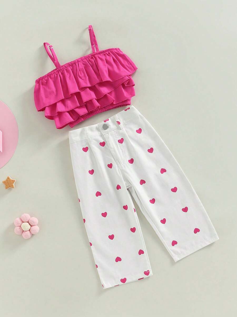 Toddler Girls Summer Outfit Sets Solid Color Layered Ruffle Camisole + Heart Print Pants - Rose Red - View 1