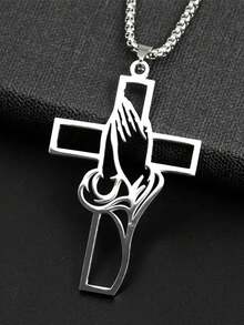 1 件男士不锈钢十字架项链 - 祈祷之手基督教信仰吊坠，宗教珠宝饰品，无电镀