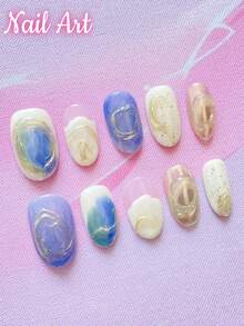 10 件手工按压式指甲假指甲夏季指甲美容美甲浅蓝色指甲新款纯手工按压式假指甲椭圆形立体提花设计搭配金色魔镜粉，适用于女士美甲产品。美甲用品指甲