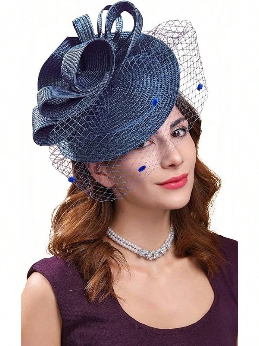 Derby Fascinators Women High Tea Party Hat Wedding Cocktail Flower Headware With Mesh And Feathers - Z-f0271-海軍藍 - 查看 1