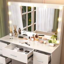 White Dressing Table With Led Lighting Mirror, Drawers & Large LED Mirror, 11 LED Bulbs Adjustable Brightness, Vanity Makeup Desk With LED Mirror Bedroom, Modern Design Bedroom Furniture