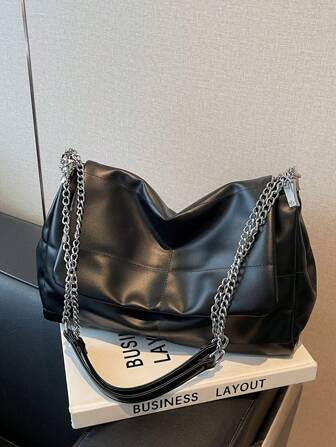 Sac bandoulière vintage de haute qualité à chaîne et couleur unie chic, sac à épaule de grande capacité
