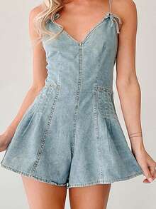 Women's Summer Spaghetti Strap Jumpsuit Sleeveless V Neck Wide Leg Denim Shorts Playsuit
