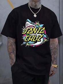 Santa Cruz Men's Shark Graphic T-Shirt - Premium Cotton Casual Short Sleeve Tee With Bold Lettering & Vibrant Shark Print, Regular Fit Summer Streetwear, Machine Washable, Weekend Attire, Statement Shirt, Comfortable Fit, Printed Shirt, Streetwear Lovers - 黑色 - 查看 2