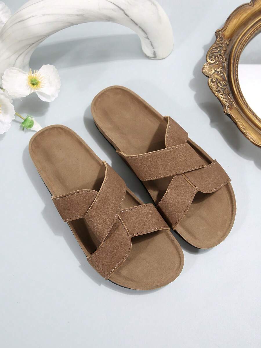 女士新款时尚沙滩凉鞋，木底平底露趾透气交叉带休闲舒适户外散步平底凉鞋