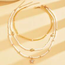 3 Pieces, Women's Fashion Neck Chain, Summer Beach Vacation Shell Starfish Pendant Rice Bead Chain Neck Chain Simple Girl Style Imitation Pearl Inlaid Golden Bead Multi-Layer Necklace Set, Glass Rice Bead Material, Summer Beach Vacation Gift For Girlfriend, Summer Rice Bead Necklace RPGU - 白色-3條 - 查看 2