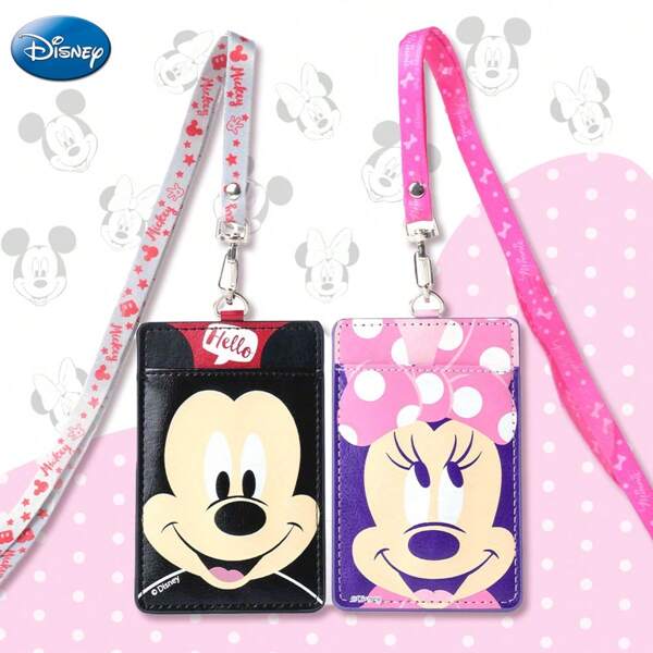 Disney 2 piezas Cartera de identificación con cordón estilo de pareja Mickey Minnie, oficialmente con licencia de Disney. Bolsa portátil de viaje con protección para tarjetas, ideal como regalo de pareja para la temporada de regreso a la escuela