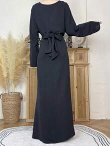 1 件优雅开斋节女士休闲 Jalabeya，纯色系带休闲/休闲/旅行/度假长裙，春/秋