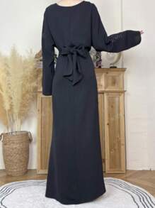 1 pieza Elegante vestido jalabiya casual para mujer en ocasión de Eid, vestido largo de un solo color con nudo para uso informal, de viaje o en vacaciones, primavera/otoño