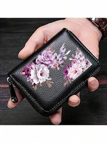 Cartera de mujer/hombre con flores de piel sintética, cremallera acordeón, monedero, tarjetero, tarjetero de crédito, regalo de aniversario, pequeños regalos, ideas de regalo para mujer, cartera mini, monedero - Multicolor - Ver 11