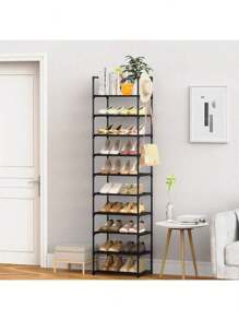 Estantería para zapatos de 10 niveles para armario, organizador de zapatos alto para entrada, dormitorio, pasillo, almacenamiento de zapatos de gran capacidad para 20-24 pares de zapatos y botas, estantería de metal estrecha con ganchos