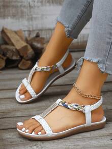 Women's Rhinestone Decorated Strap Flat Sandals, Round Toe PU Leather, Fashion Casual Comfortable Elastic Band, Summer Woven Pattern (Random) - White - View 5