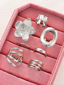 13/6pcs Set Exaggerated Vintage Coin Flower & Faux Pearl Metal Geometric Wide Band Rings, Gift For Women, Suitable For Summer, Casual, Party, Daily Wear - 款式1 - 查看 2