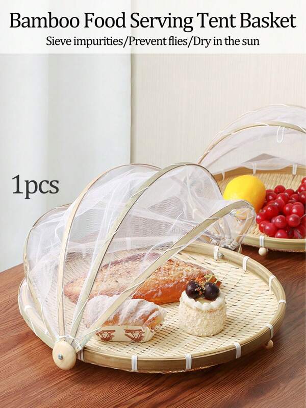 1pc Hand-Woven Food Serving Tent Bamboo Basket, Fruit Vegetable Bread Cover Storage Container Outdoor Picnic Food Cover Mesh Tent Basket