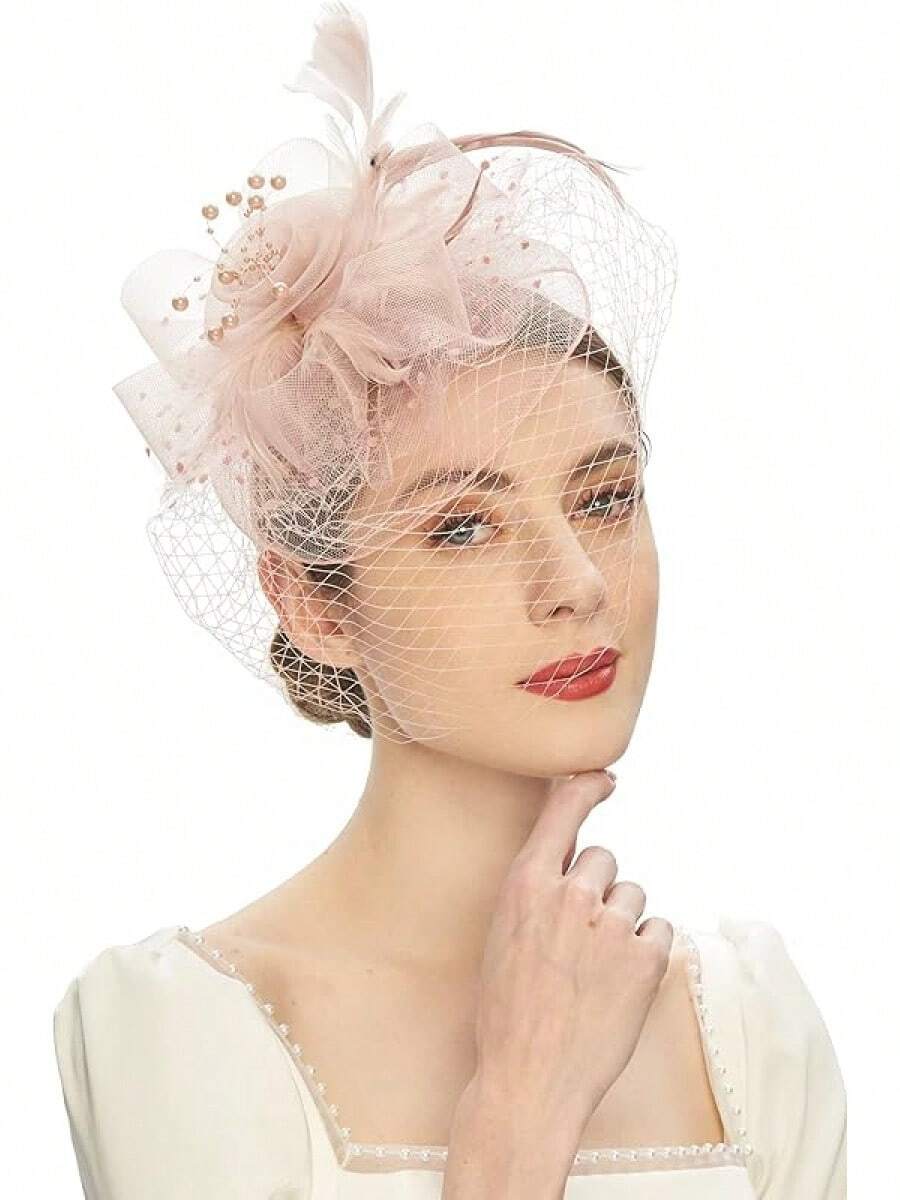 Derby Fascinators Women High Tea Party Hat Wedding Cocktail Flower Headware With Mesh And Feathers - A-blush Pink - View 1