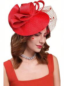 Derby Fascinators Women High Tea Party Hat Wedding Cocktail Flower Headware With Mesh And Feathers - Z-f0271-red - View 1