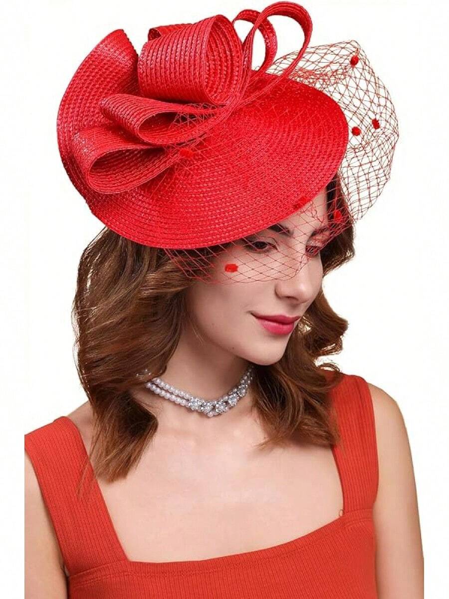 Derby Fascinators Women High Tea Party Hat Wedding Cocktail Flower Headware With Mesh And Feathers - Z-f0271-red - View 1